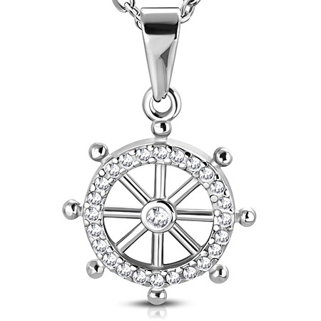 Steel Ship's Helm Pendant with Cubic Zirconias - Click Image to Close